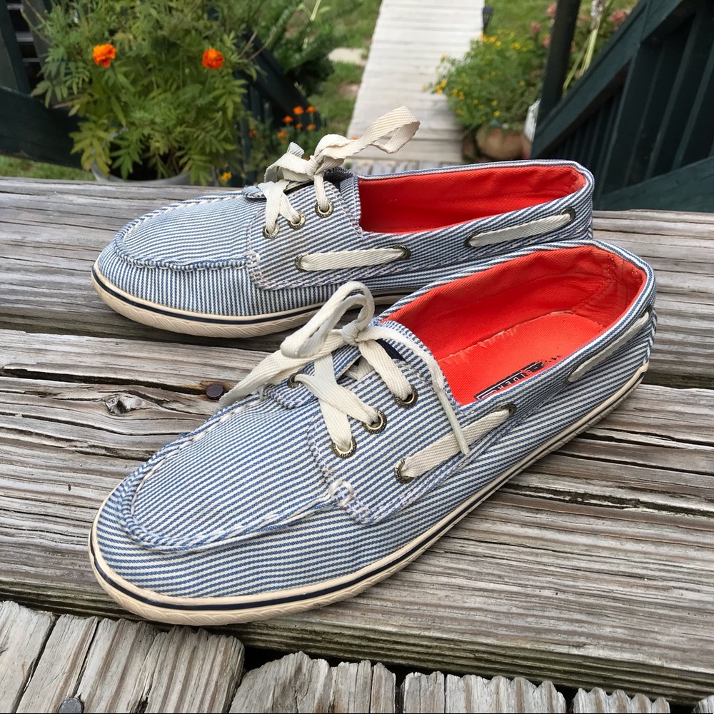 Ladies SPERRY TOP-SIDER Canvas Railroad Pin Stripes Short Lace Boat Shoe 6.5 M